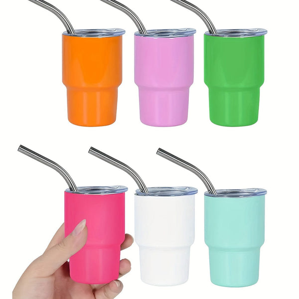 Planet Gates 6pcs, 3oz Mini Stainless Steel Wine Glasses, Mini Car Cups, Vacuum Shot Cup With Straw, Metal Water Glasses With Lid, Gift
