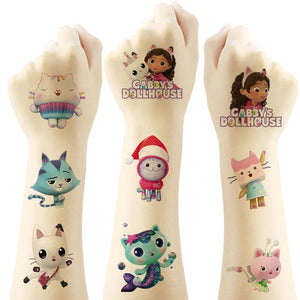 Planet Gates 6PCS 6Pcs Gabby Dollhouse Tattoo Stickers Waterproof Cute Sticker Anime Birthday Party Supplies Decoration for Kids Reward Stickers