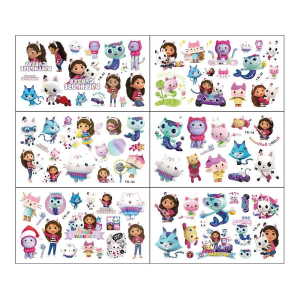 Planet Gates 6PCS 6Pcs Gabby Dollhouse Tattoo Stickers Waterproof Cute Sticker Anime Birthday Party Supplies Decoration for Kids Reward Stickers