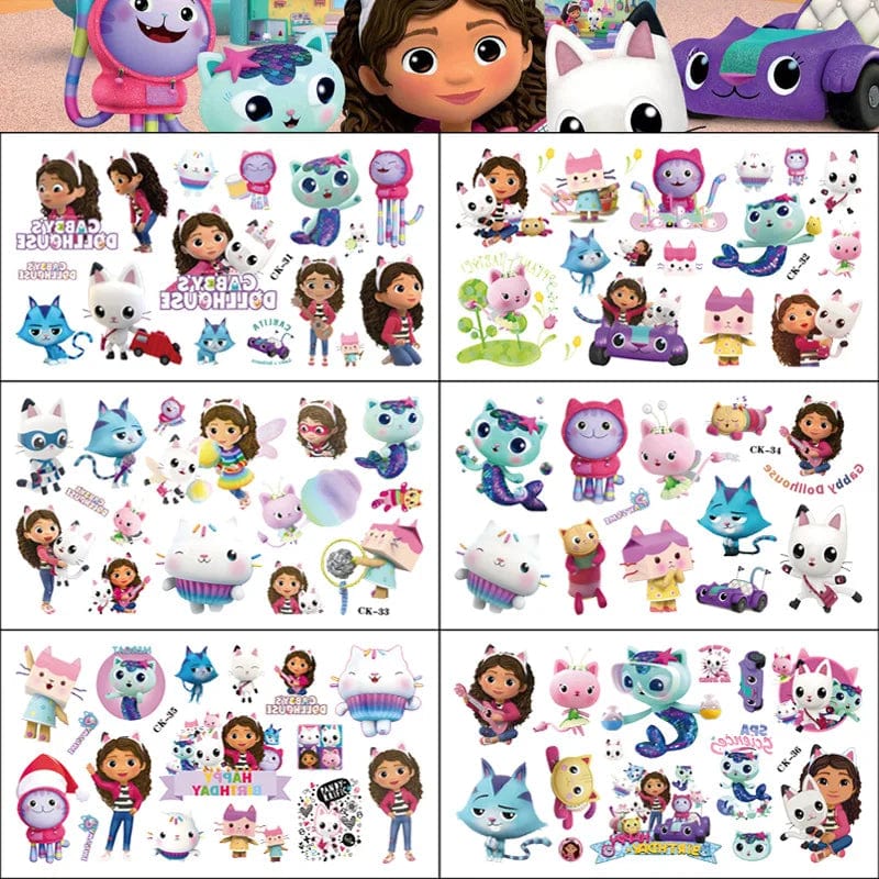 Planet Gates 6PCS 6Pcs Gabby Dollhouse Tattoo Stickers Waterproof Cute Sticker Anime Birthday Party Supplies Decoration for Kids Reward Stickers
