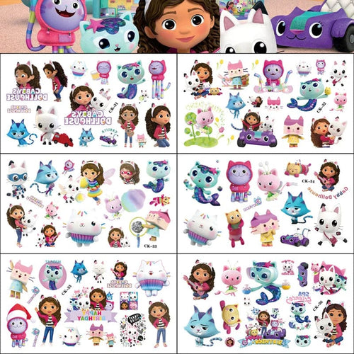 Planet Gates 6PCS 6Pcs Gabby Dollhouse Tattoo Stickers Waterproof Cute Sticker Anime Birthday Party Supplies Decoration for Kids Reward Stickers