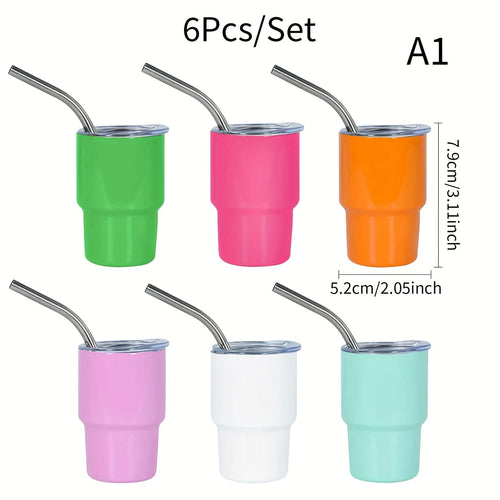 Planet Gates 6pcs-A1 / 90ml 6pcs, 3oz Mini Stainless Steel Wine Glasses, Mini Car Cups, Vacuum Shot Cup With Straw, Metal Water Glasses With Lid, Gift