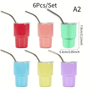 Planet Gates 6pcs-A2 / 90ml 6pcs, 3oz Mini Stainless Steel Wine Glasses, Mini Car Cups, Vacuum Shot Cup With Straw, Metal Water Glasses With Lid, Gift