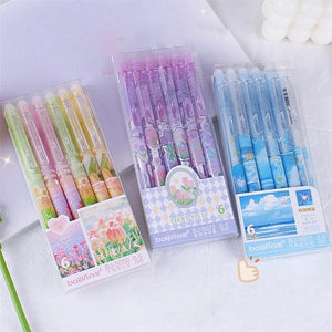 Planet Gates 6pcs Erasable Gel Pens Romantic Flowers Blue Black Ink Signature Pens with Erasers 0.5mm Cute Pens Writing Tools Office School