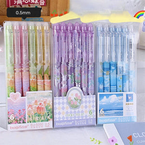 Planet Gates 6pcs Erasable Gel Pens Romantic Flowers Blue Black Ink Signature Pens with Erasers 0.5mm Cute Pens Writing Tools Office School
