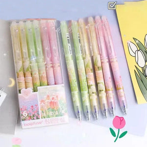 Planet Gates 6pcs Erasable Gel Pens Romantic Flowers Blue Black Ink Signature Pens with Erasers 0.5mm Cute Pens Writing Tools Office School
