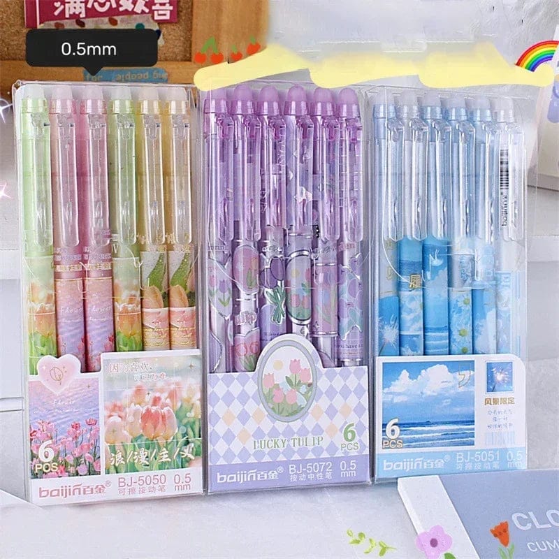 Planet Gates 6pcs Erasable Gel Pens Romantic Flowers Blue Black Ink Signature Pens with Erasers 0.5mm Cute Pens Writing Tools Office School