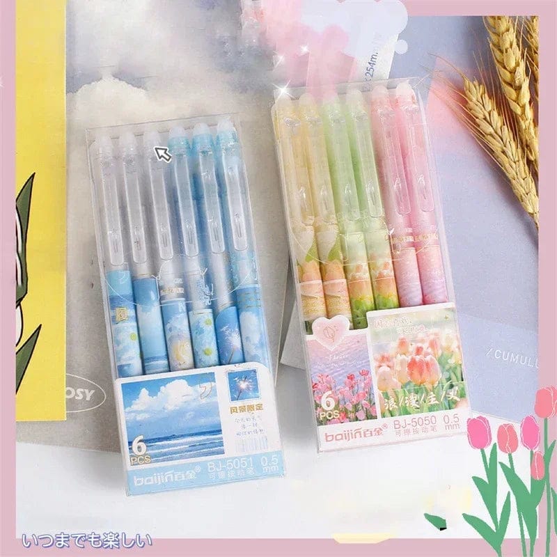 Planet Gates 6pcs Erasable Gel Pens Romantic Flowers Blue Black Ink Signature Pens with Erasers 0.5mm Cute Pens Writing Tools Office School