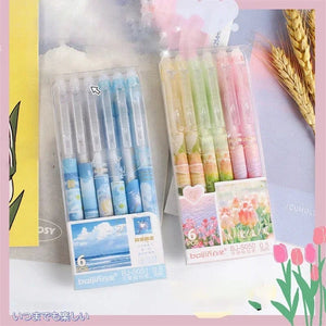 Planet Gates 6pcs Erasable Gel Pens Romantic Flowers Blue Black Ink Signature Pens with Erasers 0.5mm Cute Pens Writing Tools Office School