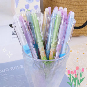 Planet Gates 6pcs Erasable Gel Pens Romantic Flowers Blue Black Ink Signature Pens with Erasers 0.5mm Cute Pens Writing Tools Office School