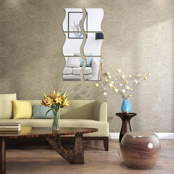 Planet Gates 6PCS Mirror Wall Sticker Self Adhesive Acrylic Mirror Wall Sticker DIY Art Mirror Creative Wave Shape Bathroom Living Room Decor