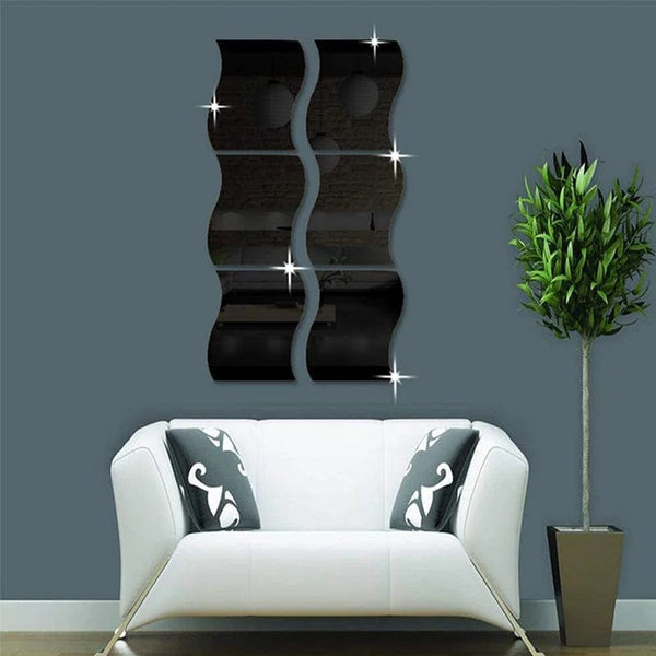 Planet Gates 6PCS Mirror Wall Sticker Self Adhesive Acrylic Mirror Wall Sticker DIY Art Mirror Creative Wave Shape Bathroom Living Room Decor