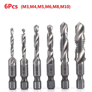 Planet Gates 6pcs set Hex Shank Titanium Plated HSS Screw Thread Metric Tap Drill Bits Screw Machine Compound Tap M3 M4 M5 M6 M8 M10 Hand Tools