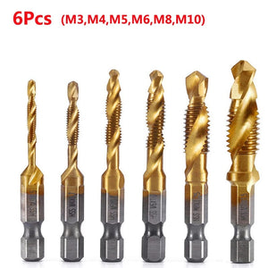 Planet Gates 6pcs set Hex Shank Titanium Plated HSS Screw Thread Metric Tap Drill Bits Screw Machine Compound Tap M3 M4 M5 M6 M8 M10 Hand Tools