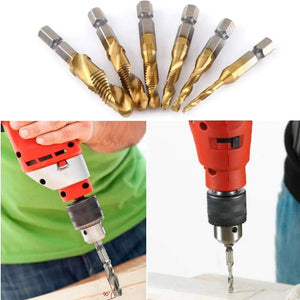Planet Gates 6pcs set Hex Shank Titanium Plated HSS Screw Thread Metric Tap Drill Bits Screw Machine Compound Tap M3 M4 M5 M6 M8 M10 Hand Tools