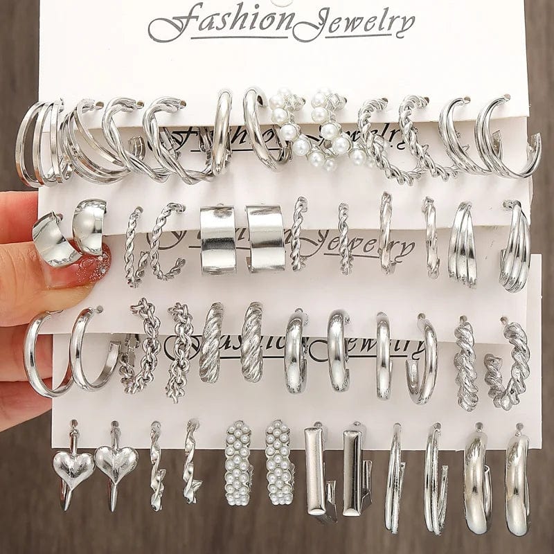 Planet Gates 6pcs/set Silver Color Geometric Pearl Twist Hoop Earrings For Women Vintage Metal Heart Circle Earrings Wedding Fashion Jewelry