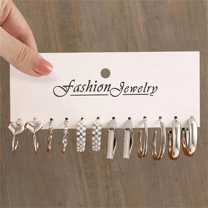 Planet Gates 6pcs/set Silver Color Geometric Pearl Twist Hoop Earrings For Women Vintage Metal Heart Circle Earrings Wedding Fashion Jewelry