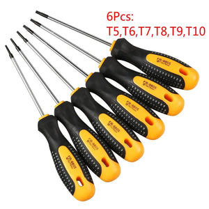 Planet Gates 6Pcs T5-T10 CR-V Security Hole Torx Screwdriver Combination Set Magnetic Screw Driver Bit T5-t30 Kit For Telephone Computer Repair Hand Tool