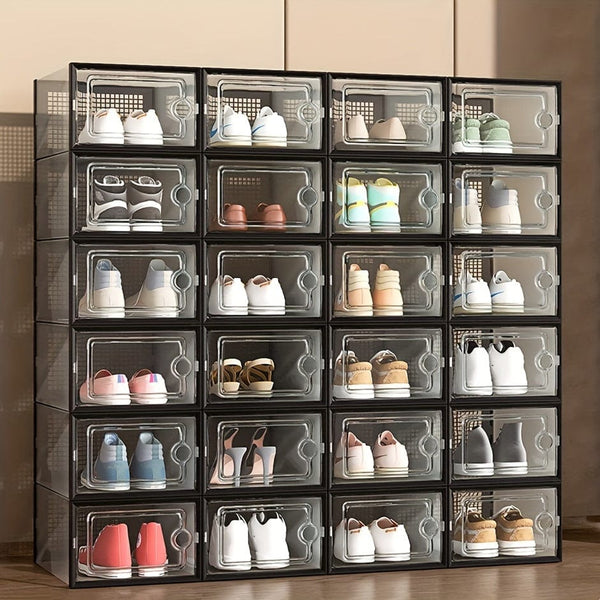 Planet Gates 6pcs Transparent Shoe Boxes With Lid, Foldable Stackable Free Combination Shoe Rack, Thickened Plastic Sneaker Container, Space Saving Storage Organizer For Entryway, Bedroom, Home, Dorm