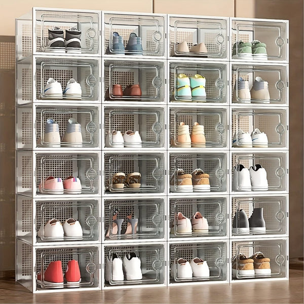 Planet Gates 6pcs Transparent Shoe Boxes With Lid, Foldable Stackable Free Combination Shoe Rack, Thickened Plastic Sneaker Container, Space Saving Storage Organizer For Entryway, Bedroom, Home, Dorm