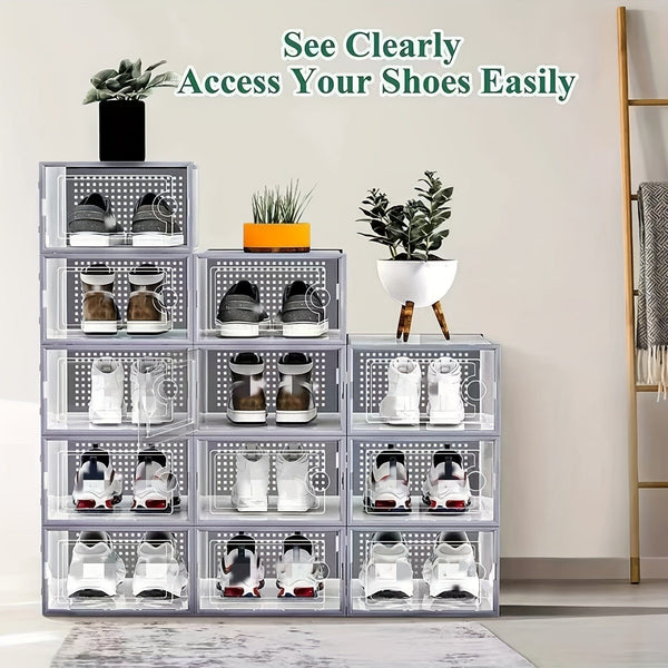 Planet Gates 6pcs Transparent Shoe Boxes With Lid, Foldable Stackable Free Combination Shoe Rack, Thickened Plastic Sneaker Container, Space Saving Storage Organizer For Entryway, Bedroom, Home, Dorm