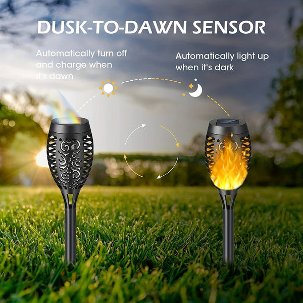 Planet Gates 6pcs Waterproof Solar Outdoor Flame Torch Lights, LED Torches With Flickering Flames, Halloween Decorations Lights Outdoor, For Christmas Halloween Garden Yard Patio, Auto On/Off