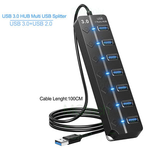 Planet Gates 7 Port HUB USB 3.0 Hub USB Hub 2.0 Multi USB Splitter Hub 100cm Long cable Multiple Expander for Computer Laptop PC Accessories Usb adapter