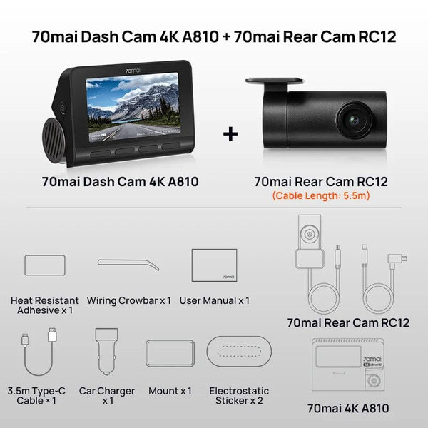 Planet Gates 70mai 4K Dash Cam A810 Ultra HD Built-in GPS ADAS Auto Record 150FOV Motion Detection 70mai A810 4G Car DVR Support Rear Cam