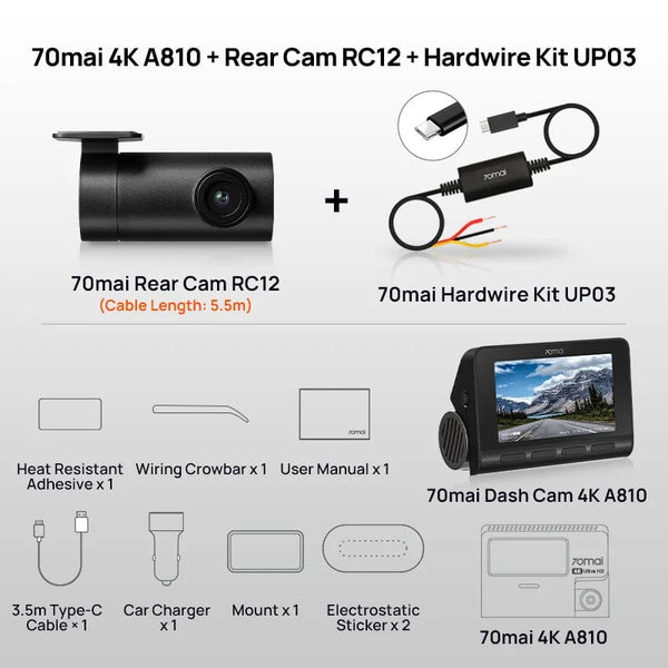 Planet Gates 70mai 4K Dash Cam A810 Ultra HD Built-in GPS ADAS Auto Record 150FOV Motion Detection 70mai A810 4G Car DVR Support Rear Cam