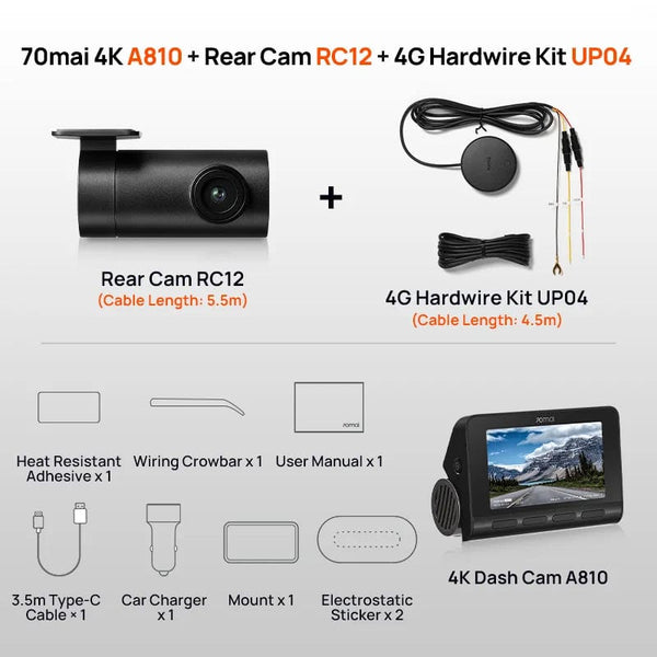 Planet Gates 70mai 4K Dash Cam A810 Ultra HD Built-in GPS ADAS Auto Record 150FOV Motion Detection 70mai A810 4G Car DVR Support Rear Cam