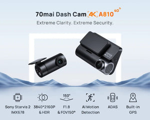Planet Gates 70mai 4K Dash Cam A810 Ultra HD Built-in GPS ADAS Auto Record 150FOV Motion Detection 70mai A810 4G Car DVR Support Rear Cam