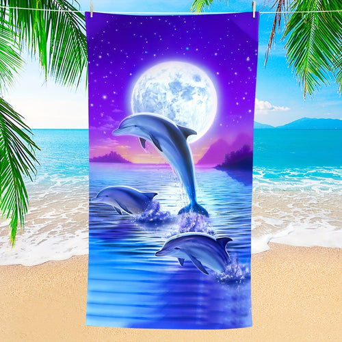 Planet Gates 74.93*149.86cm 1pc Fantasy Dolphin & Moon Printed Beach Towel, Fade-Resistant Oversized Beach Blanket, Super Absorbent Bath Towel, Suitable For Travel Pool Diving Surfing Yoga Camping, Beach Accessories, Beach Essentials, Travel Supplies