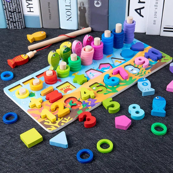 Planet Gates 762 4in1 Montessori Wooden Toys Kids Busy Board Animal Math Fishing Numbers Matching Digital Shape Educational Toys For Children Gifts