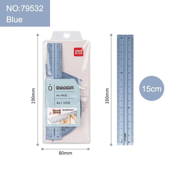 Planet Gates 79532-Blue / CHINA Deli Metal Ruler School Drawing Measuring Triangle Ruler for Kids Learning Angle Straight Ruler Set Office Accessories Supplies