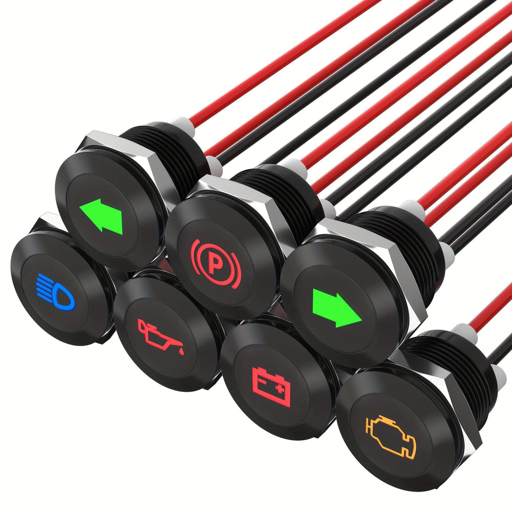 Planet Gates 7pcs 12V 7pcs 12MM Indicator Light Black Housing Signal Indicator Light Multiple Symbol Lasered Flat Indicator Light With Wire Leads For Car