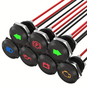 Planet Gates 7pcs 12V 7pcs 12MM Indicator Light Black Housing Signal Indicator Light Multiple Symbol Lasered Flat Indicator Light With Wire Leads For Car
