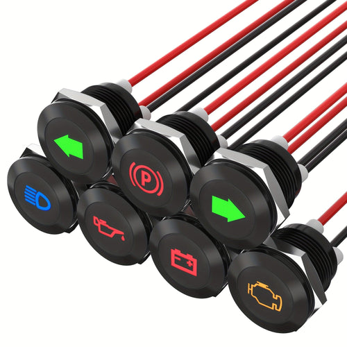 Planet Gates 7pcs 12V 7pcs 12MM Indicator Light Black Housing Signal Indicator Light Multiple Symbol Lasered Flat Indicator Light With Wire Leads For Car