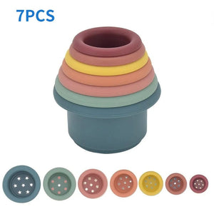 Planet Gates 7pcs A Baby Silicone Hourglass Stacking Cup Montessori Educational Toy Intelligence Gift Toys Stacking Ring Tower Toy Infant Bath Play