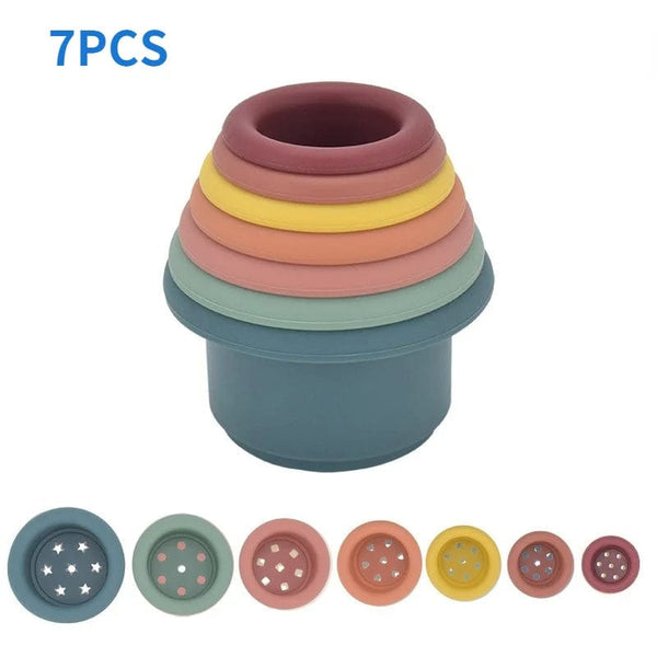 Planet Gates 7pcs A Baby Silicone Hourglass Stacking Cup Montessori Educational Toy Intelligence Gift Toys Stacking Ring Tower Toy Infant Bath Play