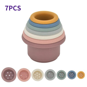 Planet Gates 7pcs C Baby Silicone Hourglass Stacking Cup Montessori Educational Toy Intelligence Gift Toys Stacking Ring Tower Toy Infant Bath Play
