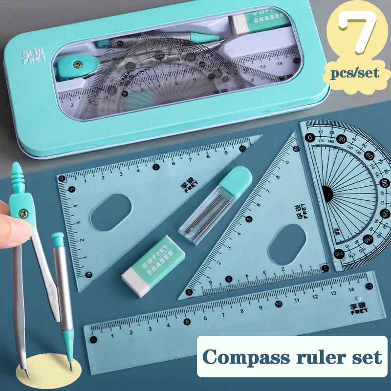 Planet Gates 7Pcs/lot Ruler Set Kawaii Geometric Drawing Eraser Kit Back To School Math Compass Set Office School Supplies 2022 Stationery