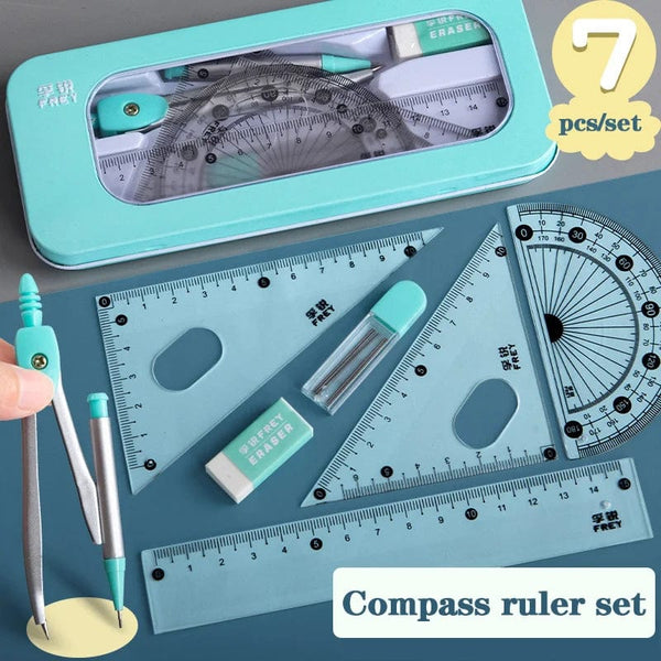 Planet Gates 7Pcs/lot Ruler Set Kawaii Geometric Drawing Eraser Kit Back To School Math Compass Set Office School Supplies 2022 Stationery