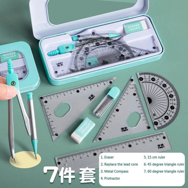 Planet Gates 7Pcs/lot Ruler Set Kawaii Geometric Drawing Eraser Kit Back To School Math Compass Set Office School Supplies 2022 Stationery