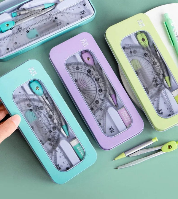 Planet Gates 7Pcs/lot Ruler Set Kawaii Geometric Drawing Eraser Kit Back To School Math Compass Set Office School Supplies 2022 Stationery