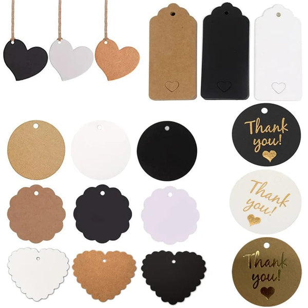 Planet Gates 8 100pc+20m hemp rope gilding thank you for hanging tag cowhide black and white cardboard blank handmade DIY heart circle label