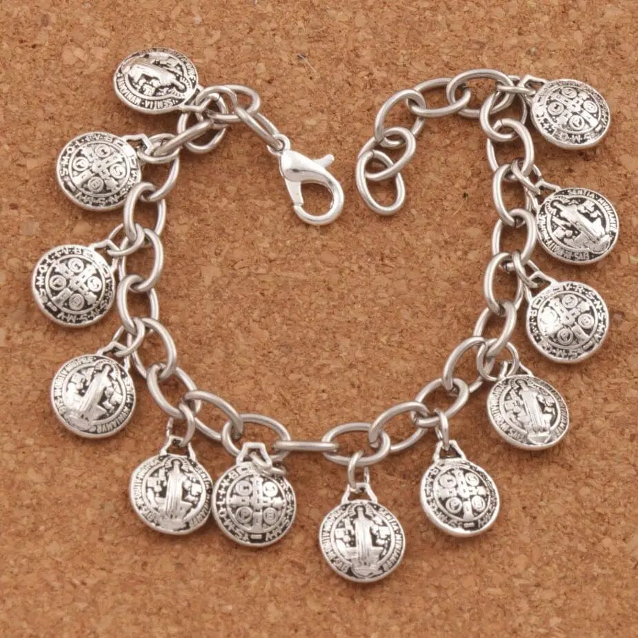 Planet Gates 8.5 Saint St Benedict Medal Charm Bracelets Stainless Steel Chains Bracelet 7" 7.5" 8" 8.5" BC01 Tibetan Silver