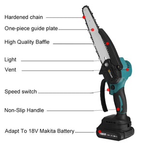 Planet Gates 8 Inch Electric Chainsaw Brushless Rechargeable Chain Saw Woodworking Garden Mini Pruning Saw Power Tool for Makita 18V Battery