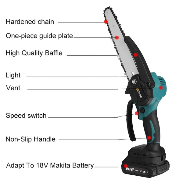 Planet Gates 8 Inch Electric Chainsaw Brushless Rechargeable Chain Saw Woodworking Garden Mini Pruning Saw Power Tool for Makita 18V Battery