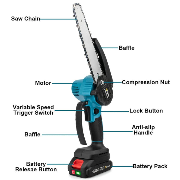 Planet Gates 8 Inch Electric Chainsaw Brushless Rechargeable Chain Saw Woodworking Garden Mini Pruning Saw Power Tool for Makita 18V Battery