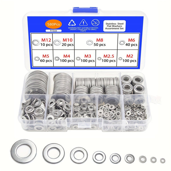 Planet Gates 80-580pcs 304 Stainless Steel Flat Washers, For Screws, Bolts, Fender Washers Assortment Kit, Locking Metal Washers Kit (M2 M2.5 M3 M4 M5 M6 M8 M10)